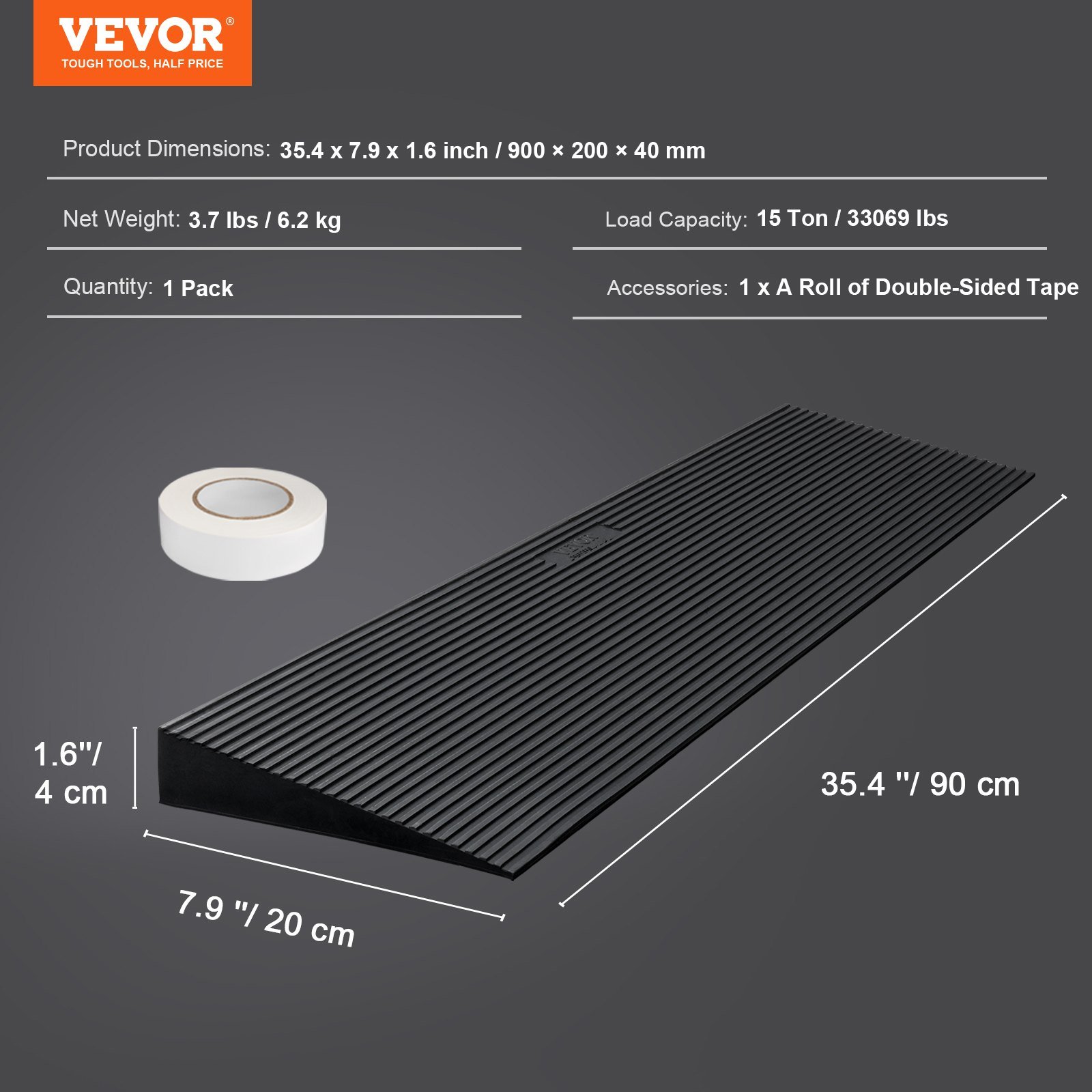 VEVOR 4 cm Rise Cuttable Threshold Ramp for Sweeping Robot, 90 cm Wide Natural Rubber Wheelchair Ramp, Non-Slip Solid Rubber Ramp with Double-Sided Tape for Doorways, Driveways, Bathroom, Smooth Tile - Image 7